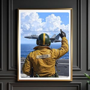 Aircraft Carrier Shooter Wall Art –Fighter Jet Takeoff Print, Military Aviation Poster, Navy Flight Deck Decor, Pilot Gift, Digital Download