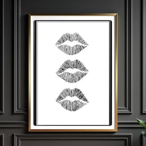 Kiss Lips Wall Art – Trendy Lip Print | Preppy Dorm Decor | Funky Fashion Poster | Makeup Room Digital Download | Black and White Art