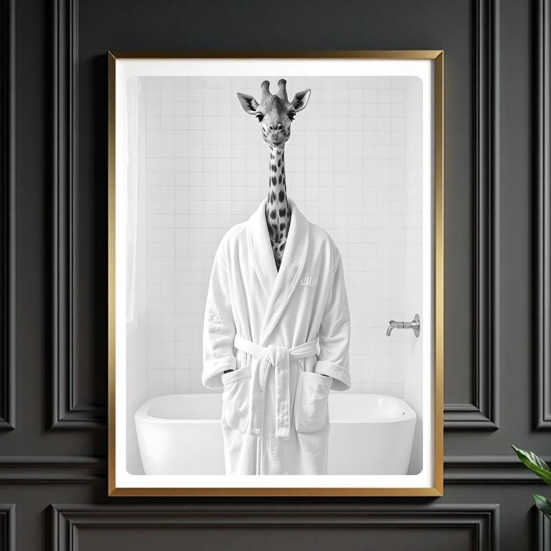 Funny Giraffe Bathroom Wall Art – Realistic Animal in Bathrobe Digital ...