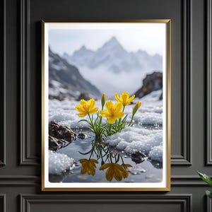 Yellow Wildflower Botanical Wall Art – Ultra Realistic Spring Bloom in Snowy Mountains, Nature Fine Art Digital Download
