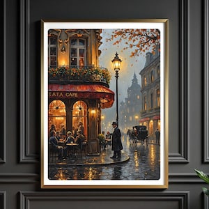 Pintura al óleo de un café parisino vintage: arte mural con escena callejera europea romántica: impresión digital de una tarde lluviosa de otoño