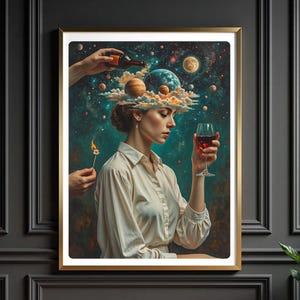 以下が含まれることがあります： 頭の上に銀河と惑星を持つ女性が、赤いワインの入ったグラスを持っている。彼女の前に、火をつけようとする手が伸びている。