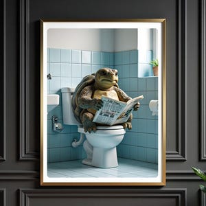 Toilet Reading Tortoise, Funny Animal Print, AI Digital Art, Turtle Wall Decor, Printables, Bathroom Humor, Funny Wall Art