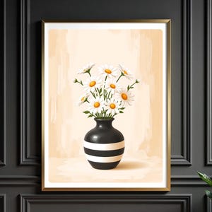 Printable Floral Illustration, Neutral Beige Flower Vase Art, Abstract Daisies Wall Decor, Black and Beige Botanical Digital Download