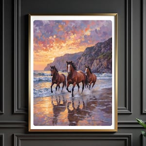 Wilde Pferde am Sonnenuntergangs-Strand - Digitales Ölgemälde Druck, Pferdewandkunst, Küstenlandschaft Poster