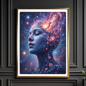Spiritual Cosmic Wall Art Print, Futuristic Psychedelic Galaxy Decor, Modern Digital Painting
