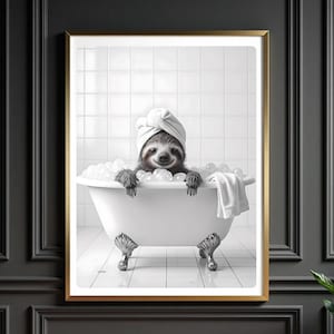 Sloth in Bubble Bath Wall Art – Black and White Bathroom Poster – Cute Animal Digital Print for Cozy Spa-Inspired Decor