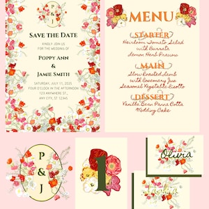 Bearbeitbare quadratische Hochzeitsvorlage - Handgezeichnetes Mohnblumen- und Pfingstrosen-Design - Speichern Sie die Daten, Menüs, Tischkarten, Tischnummern und das Logo