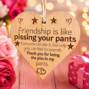 May include: A heart-shaped wooden hanging plaque featuring laser-engraved text that reads: Friendship is like pissing your pants. Everyone can see it, but only you can feel its warmth. Thank you for being the piss in my pants. It includes stars and hearts.