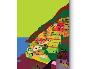 A3-poster "Uitzicht op Positano" in popartstijl | Hoogwaardige matte print van 300 g - Origineel ontwerp van Alessandro Catuogno