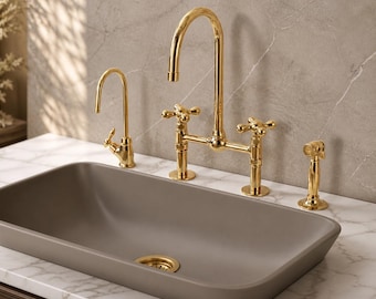 Unlacquered Brass Bridge Faucet, 8 Inch Widespread Kitchen Faucet, Solid Brass Sink Tap, Vintage Living Brass Mixer