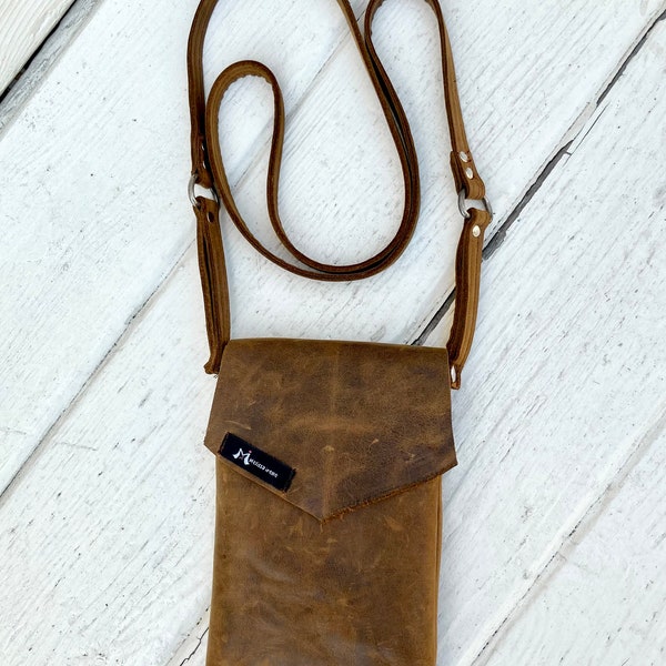 Genuine Brown Distressed Leather Crossbody Phone Bag Small Lightweight Purse With Long Strap Festival Bag Wallet with Strap Travel Purse