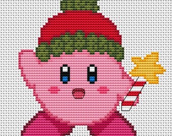 クロスステッチのカービィ・メリークリスマス・新年・初心者向け簡単PDFパターン・すぐにダウンロード・DIY