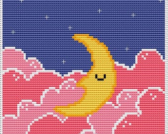 クロスステッチの三日月・雲の上の月・初心者向け簡単PDFパターン・すぐにダウンロード・DIY