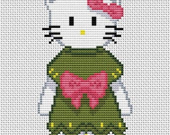 リボン付き白猫のクロスステッチ・メリークリスマス・新年・初心者向け簡単PDFパターン・すぐにダウンロード・DIY