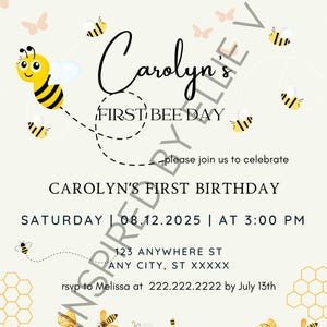 First BEE-Day Birthday Invitation | Editable Digital Download | Bee Theme | Canva Template