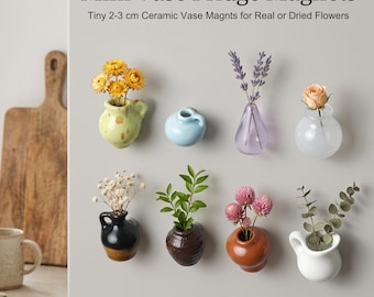 Mini vases magnétiques, lot de 8 aimants pour réfrigérateur en céramique, petits pots de fleurs pour fausses ou vraies fleurs, joli décoration murale pour réfrigérateur