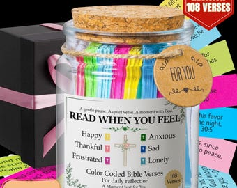 Bible Verse Jar - 108 Verses Upgraded Version, Color Coded Scriptures for Emotions, Christian Encouragement Gift