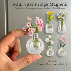 May include: A set of five miniature glass vase fridge magnets, each 2-3 cm tall, suitable for real or dried flowers. The image displays the vases with different flowers, including pink, yellow, and white. Text on the image reads "Mini Vase Fridge Magnets".