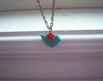 Turquoise Bird And Red Flower Neclace- Bird Necklace - Woodland Necklace - Free Gift With Purchase