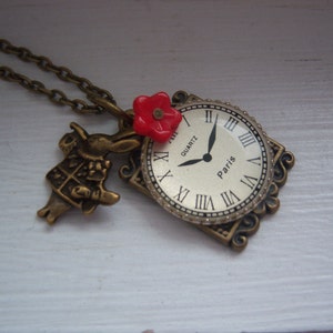 Rabbit Necklace  -  I am Late Necklace - Faux Clock Necklace - Free Gift With Purchase