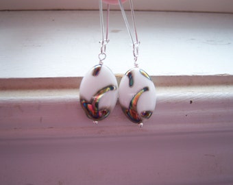 White Glass and Multi -Colored Metallic Earrings - Oval Earrings