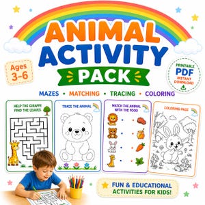 Puede incluir: Un "Animal Activity Pack" para niños de 3 a 6 años, con laberintos, emparejamientos, trazado y actividades para colorear. El paquete incluye un niño coloreando un laberinto e ilustraciones de animales y alimentos. Un arco iris se arquea sobre el título.