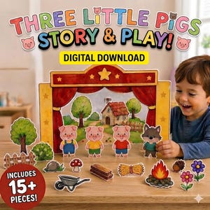 Three Little Pigs Printable Puppets, Homeschool Preschool Activity Kit, Fairy Tale Storytelling Puppets PDF, Toddler Crafts Classroom decor