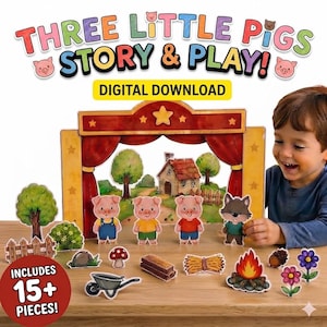 Puede incluir: Un set de descarga digital Three Little Pigs Story & Play que incluye un escenario de teatro de cartón, tres personajes de cerditos, un lobo y varios accesorios como árboles, una casa, una carretilla, una fogata y flores.