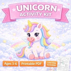 Puede incluir: Un kit de actividades de unicornio con una ilustración de unicornio de dibujos animados. El unicornio tiene un cuerno amarillo, melena arcoíris y alas. El kit incluye actividades PDF imprimibles para edades de 3 a 6 años.