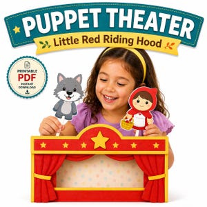 Puede incluir: Una niña sonríe mientras sostiene marionetas de Caperucita Roja y un lobo frente a un teatro de marionetas rojo y amarillo. La pancarta superior dice "PUPPET THEATER" y "Little Red Riding Hood". Un icono de descarga PDF imprimible está en la parte superior izquierda.