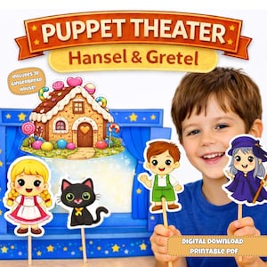 May include: A digital puppet theater set for Hansel and Gretel featuring a gingerbread house, a girl, a boy, a black cat, and a witch on sticks. The banner reads PUPPET THEATER Hansel & Gretel and includes a 3D gingerbread house.
