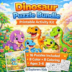 Puede incluir: Un kit de actividades imprimibles "Dinosaur Puzzle Bundle". La imagen presenta dinosaurios de dibujos animados en varios colores, incluyendo naranja, azul, verde y morado. El kit incluye 16 rompecabezas, 8 páginas para colorear y 8 páginas para colorear para niños de 3 a 6 años.