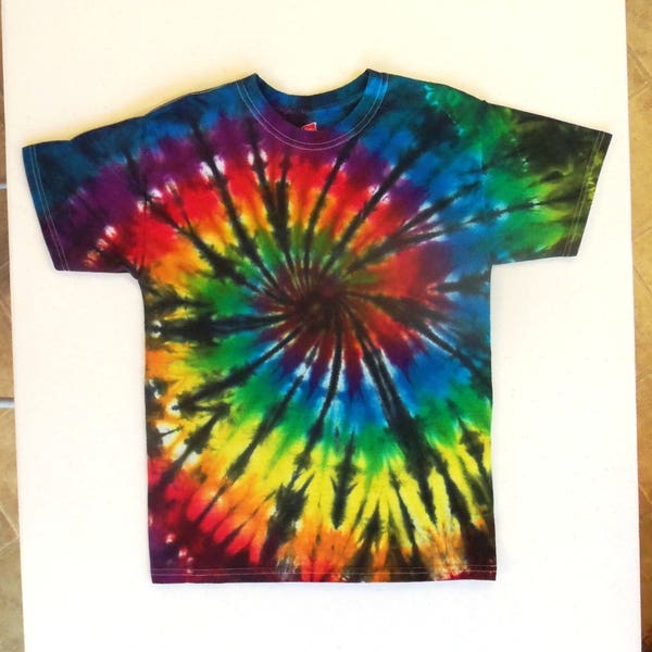 Boy's Tie-dye T-shirt, Size 14 - 16, rainbow swirl and black