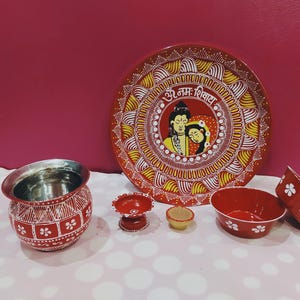 Hand-Painted Aipan Art Pooja Thali Set: Indian Festive Plate and haldi ceremony, wadding gift