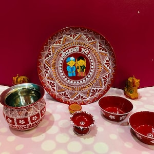 Hand-Painted Aipan Art Pooja plete Set Handmade Festival Decor, haldi ceremony wadding gift