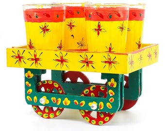 Handmade Wooden Tea Cart Set with Glasses & Kettle, Hand Painted Serving Tray, Indian Traditional Drink Set, Decorative Tea Set Gift