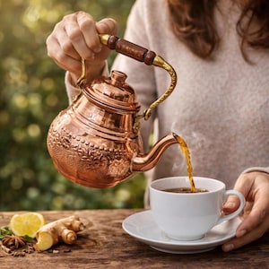 Handgemaakte koperen theeketel met reliëf en houten handvat | Turkse koffiepot, theepot in vintage-stijl voor keukendecor en brouwen