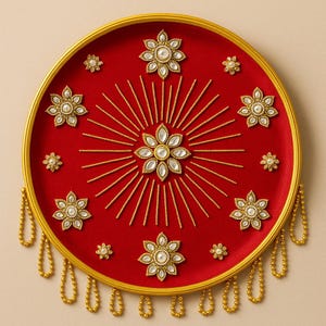 Royal Red Velvet Handmade Pooja Thali Set for Karwachauth,Diwali , Wedding , Housewarming Traditional Indian Decor Designer Pooja Plate Gift