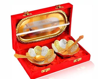 Juego de cuencos de latón de lujo para frutos secos con bandeja o caja de terciopelo rojo, juego de regalo de cuencos decorativos para bodas, fiestas y inauguraciones de casas.