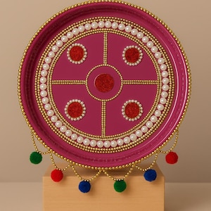 Handmade Pink Karwa Chauth Puja Thali Set with Chalni, Lota, Diya ,Bowl for Diwali Wedding Pooja Indian Festival Gift Decoration Essentials