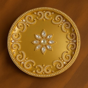 Gold Velvet Handmade Pooja Thali Set for Karwa Chauth Diwali Wedding Housewarming Indian Festival Decor Designer Pooja Plate Gift
