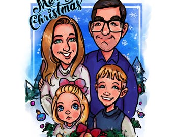 Christmas Caricature Portrait – Custom Holiday Cartoon | Family, Couple, Kids | Printable Art File