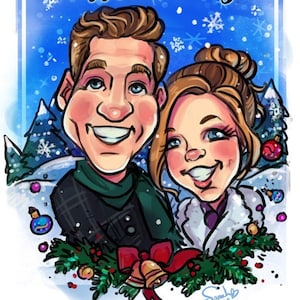 Retrato de caricatura personalizado, tema de vacaciones navideñas, archivo digital