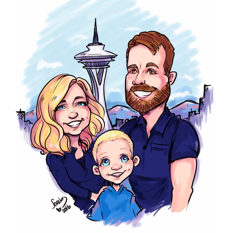 May include: A cartoon illustration of a family of three standing in front of the Space Needle in Seattle. The family is made up of a woman with blonde hair, a man with brown hair and a beard, and a young boy with blonde hair. The woman is wearing a blue shirt, the man is wearing a blue shirt, and the boy is wearing a blue shirt.