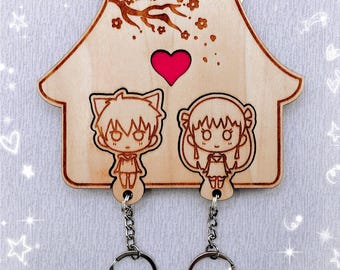 Custom Couple Keyholder Set – Hand-Drawn Chibi Art & Wood Keychains