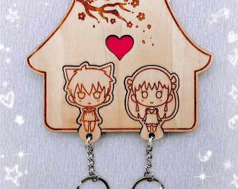 CUSTOM Couple Keyholder Wood Keychain Set
