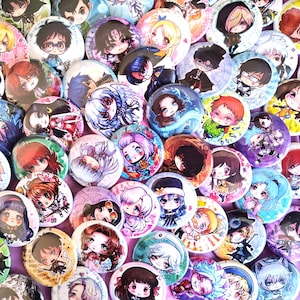 May include: A collection of colourful round buttons featuring anime characters. The buttons are arranged in a random pattern and feature a variety of characters with different hairstyles, clothing, and expressions.