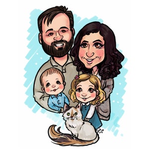 May include: A cartoon illustration of a family with two children, a cat, and a light blue background. The parents are holding their children, and the cat is sitting in front of them. The family is smiling and appears happy.