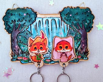 Robin Hood & Maid Marian Keyholder - Hand Painted Wood Keychain and Key Holder Set